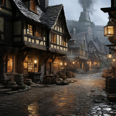 Medieval buildings on cobblestone street with detailed crowdsの素材