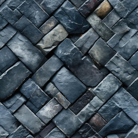 Dark blue stone wall with colorful stones in a realistic style (tiled)の素材