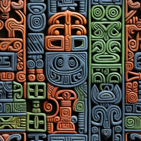 Colorful pattern of intricate carved art with emotive faces (tiled)の素材