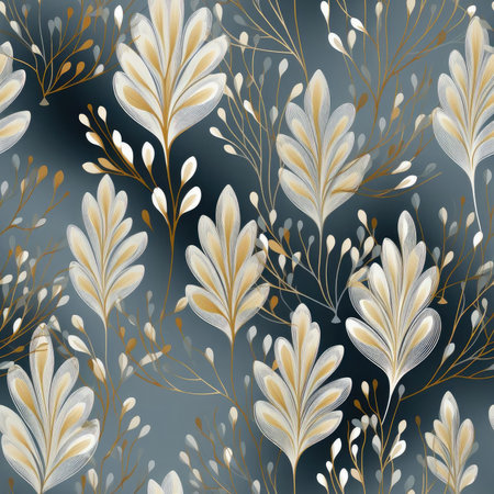 Gold and silver leafy pattern with elegant compositions and Indian motifs (tiled)の素材