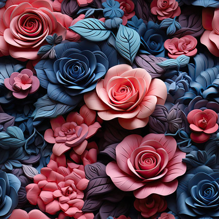 Red, pink, and blue 3D floral designs with detailed background elements (tiled)の素材