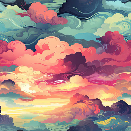 Colorful clouds with sunset in bizarre illustrations style and bold lines (tiled)の素材