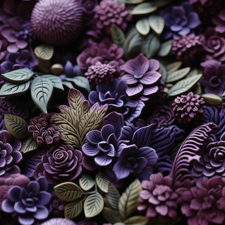 Purple ceramic flowers with green leaves in intricate composition (tiled)の素材