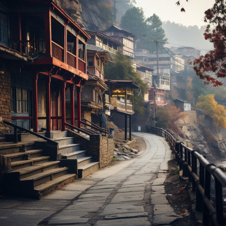 Rustic steps and stone brick buildings in a traditional street styleの素材