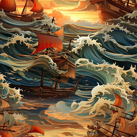Richly detailed ships sailing in stormy waters (tiled)の素材
