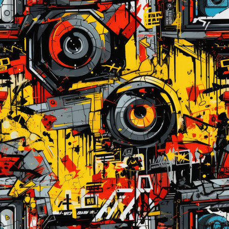 Eye-catching orange abstract pattern with graffiti and robots (tiled)の素材