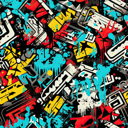 Colorful graffiti wallpaper with fragmented icons on black background (tiled)の素材