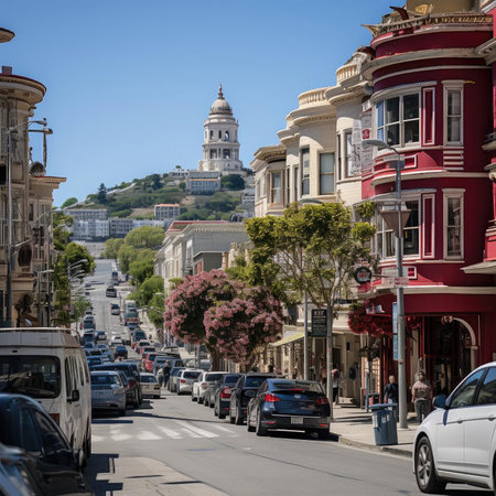 Bustling city street lined with tall buildings in the San Francisco Renaissance styleの素材