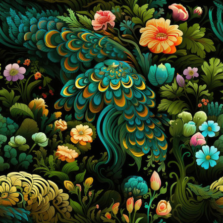 Vibrant wallpaper with birds, flowers, and leaves in a dark green and turquoise color paletteの素材