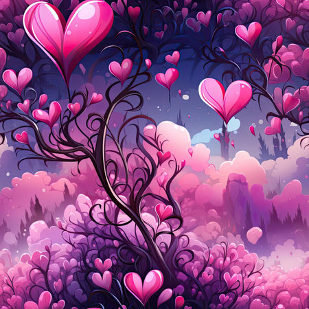 Whimsical heart-filled wallpapers with fantastical landscapes and high detail (tiled)の素材