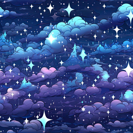 Cartoon landscape with sky, clouds, and stars (tiled)の素材