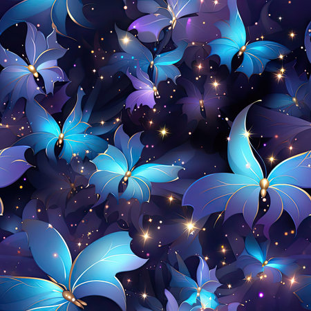 Stunning wallpaper with blue butterflies flying in the night sky (tiled)の素材