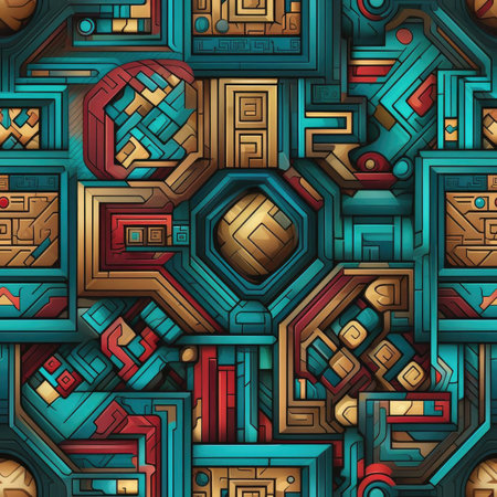 Colorful pattern of geometric shapes inspired by mayan art and architecture (tiled)の素材