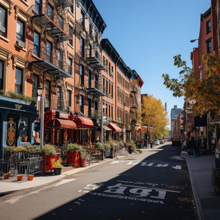 Colorful streets of New York City with iconic brick buildingsの素材