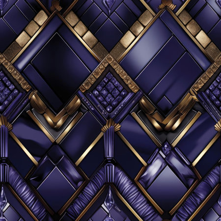 Geometric pattern with gold, purple, and black elements, in realistic trompe-l'oeil style (tiled)の素材