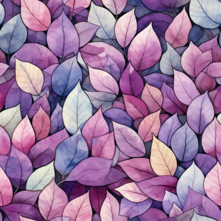 Watercolor background with purple leaves in a mosaic-inspired style (tiled)の素材