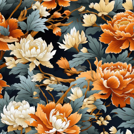 Oriental pattern with blooming peonies in black, orange, white, and blue (tiled)の素材
