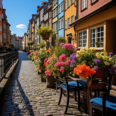 Brick walkway adorned with vibrant flowersの素材