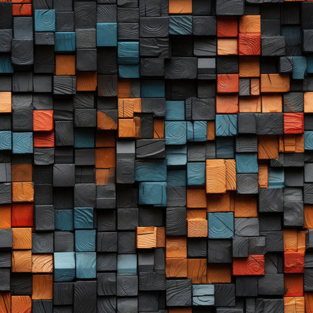 Colorful wooden brick wall with orange and blue squares (tiled)の素材