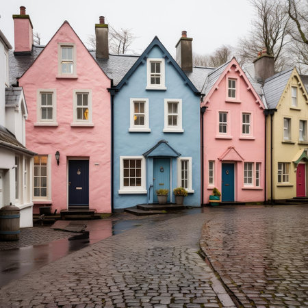 Cobblestone streets lined with vibrant houses in various colorsの素材