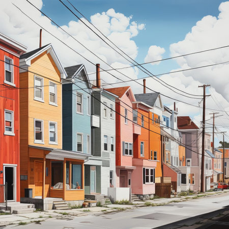Street of multicolored houses in hyperrealistic illustrations styleの素材