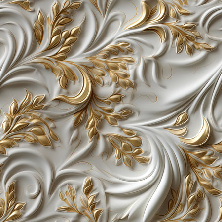 3D rendering of a gold floral wallpaper design with intricate details (tiled)の素材