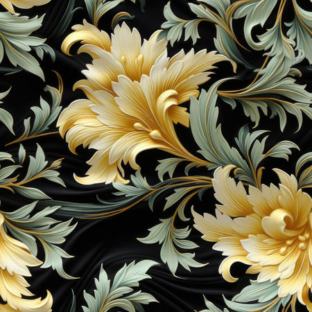 Floral design with golden leaves on black background and flowing draperies (tiled)の素材