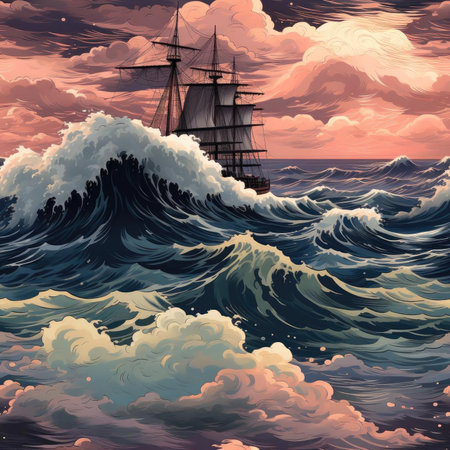 Exquisite ship sailing under big waves on the sea (tiled)の素材