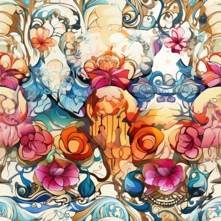 Tattoo-like pattern with colorful flowers and skulls with layered gestures (tiled)の素材