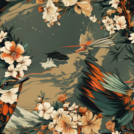 Graphic design of birds on a tree with abstract flowers in exotic fantasy landscapes (tiled)の素材
