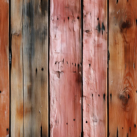 Painted wood fence with red, brown, blue, and black colors (tiled)の素材