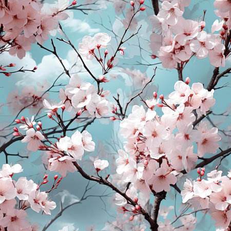 Beautiful cherry blossom wallpaper in blue and pink tones (tiled)の素材