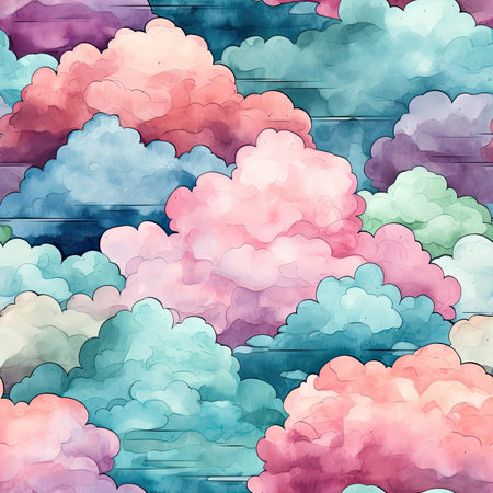 Colorful watercolor clouds abstract pattern with whimsical illustration (tiled)の素材