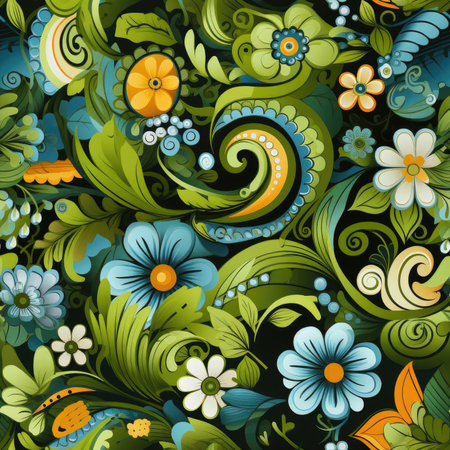 Handmade paisley pattern of bright flowers on black background (tiled)の素材