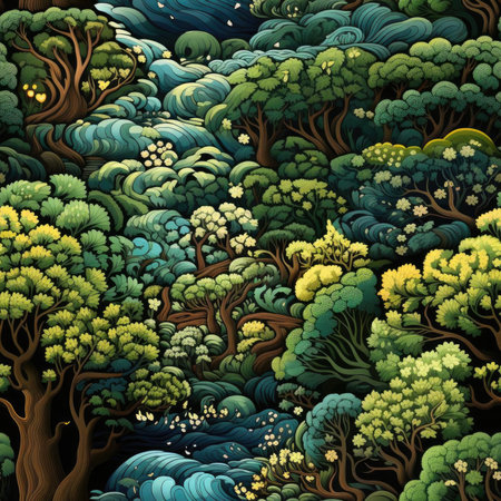 Illustration of a neogothic forest with blue tree branch line on a blue wall (tiled)の素材