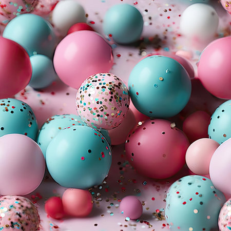 Playful arrangement of pink and blue balls and confetti (tiled)の素材