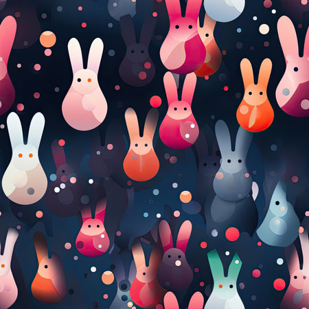Colorful rabbits on a dark background in a playful pattern (tiled)の素材