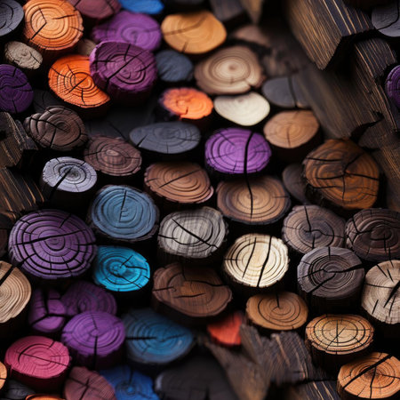Colorful wood slices in dark and moody still life (tiled)の素材