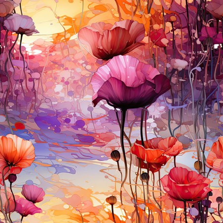 Watercolor flowers in the field at sunset in a neo-abstract realism style (tiled)の素材