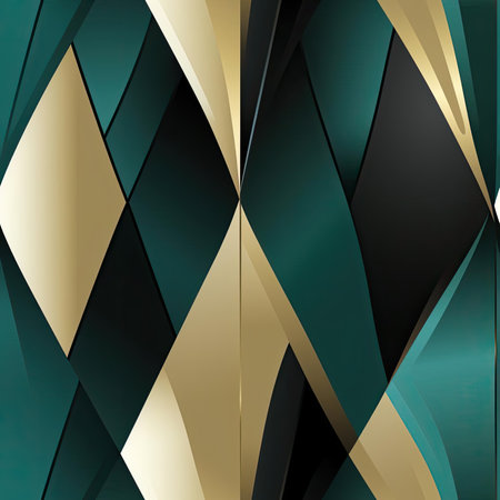 Luxurious abstract wallpaper in gold and green with folded planes (tiled)の素材