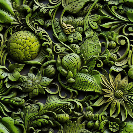 Intricate 3D image of leafy green flowers in a mysterious jungle (tiled)の素材