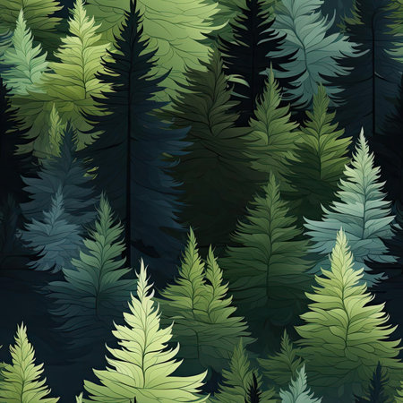 Illustration of lush green pine forest in dark navy and dark green (tiled)の素材