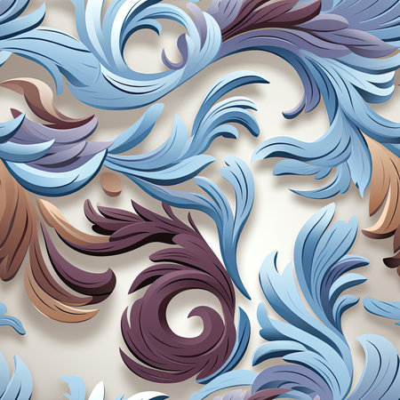 3D colorful floral pattern illustration with sculpted forms made of feathers (tiled)の素材