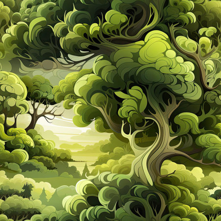 Cartoon forest with trees and leaves featuring hyper-detailed illustrations and dramatic shadingの素材