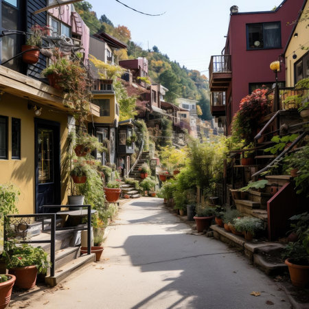 Paved walkway with row of colorful potted plantsの素材