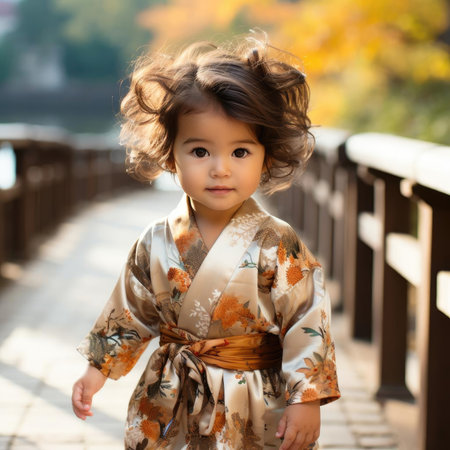 Adorable baby in japanese attire walking on a bridge during autumnの素材
