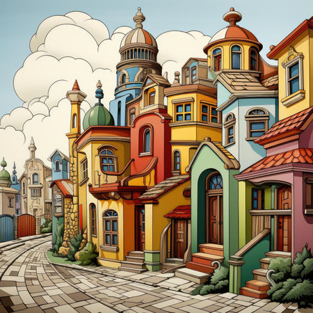 Colorful cartoon city street with a touch of reimagined religious artの素材