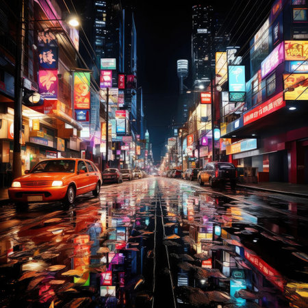 Urban street scene with neon-lit lights and fragmented advertisingの素材