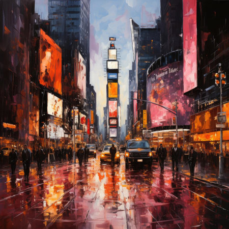 Rainy Times Square painting in vibrant colors and golden lightの素材