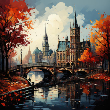 Amsterdam cityscape with a bridge and autumn leavesの素材